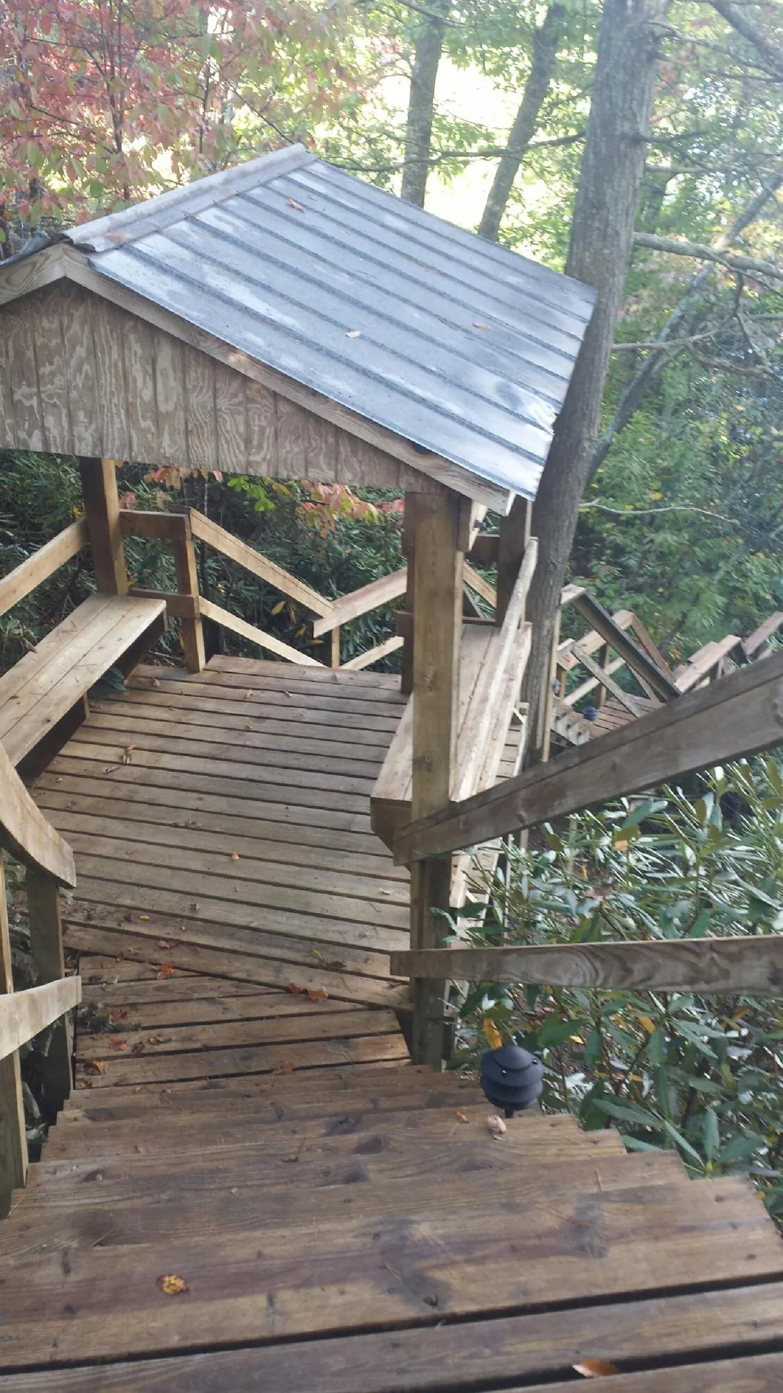 Metal roofed shelter over wooden steps on a wooded walkway — Skylight Repair & Installation work by our crew in Port Carbon